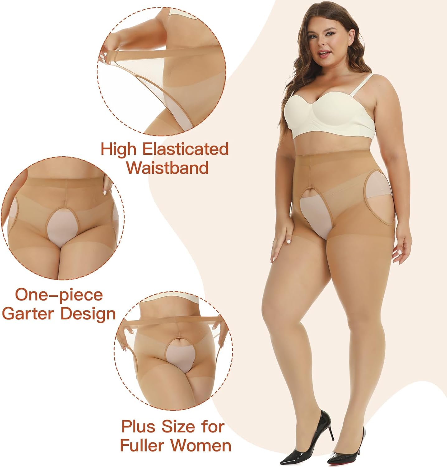 2Pairs Suspender Pantyhose for Women Plus Size(Natural+Black 3XL)