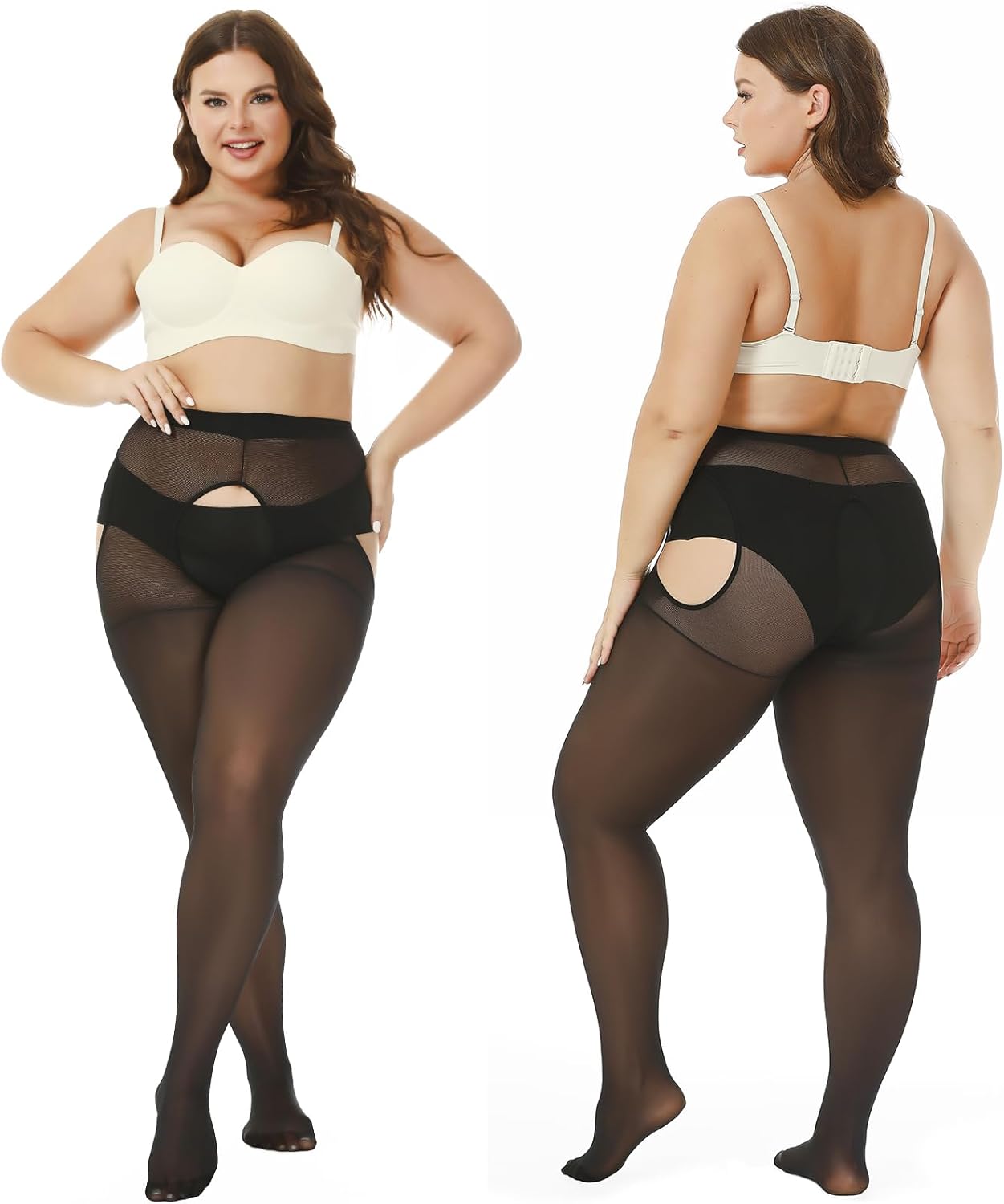 2Pairs Suspender Pantyhose for Women Plus Size(Natural+Black 3XL)