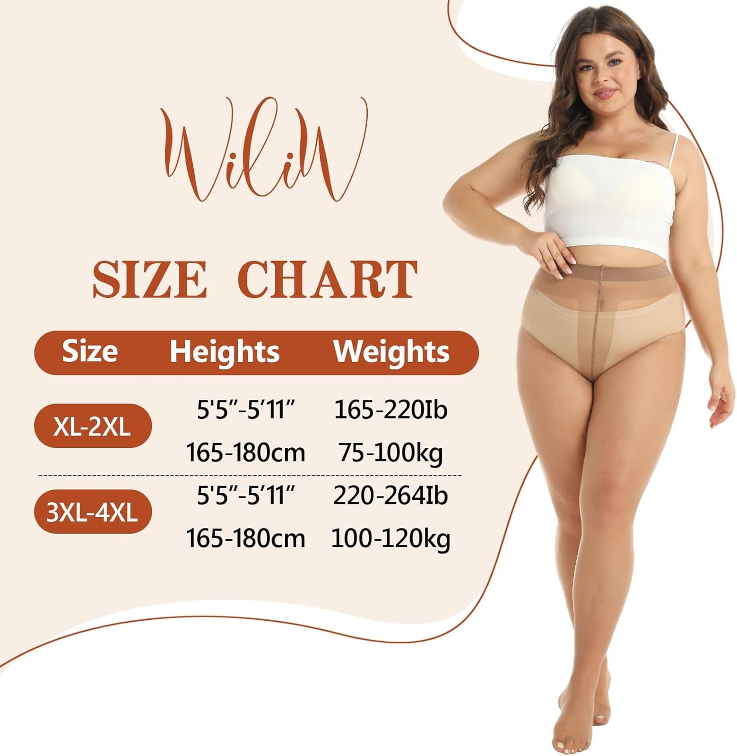 4 Pairs Brown Nude Plus Size Sheer Pantyhose for Women XL-XXL