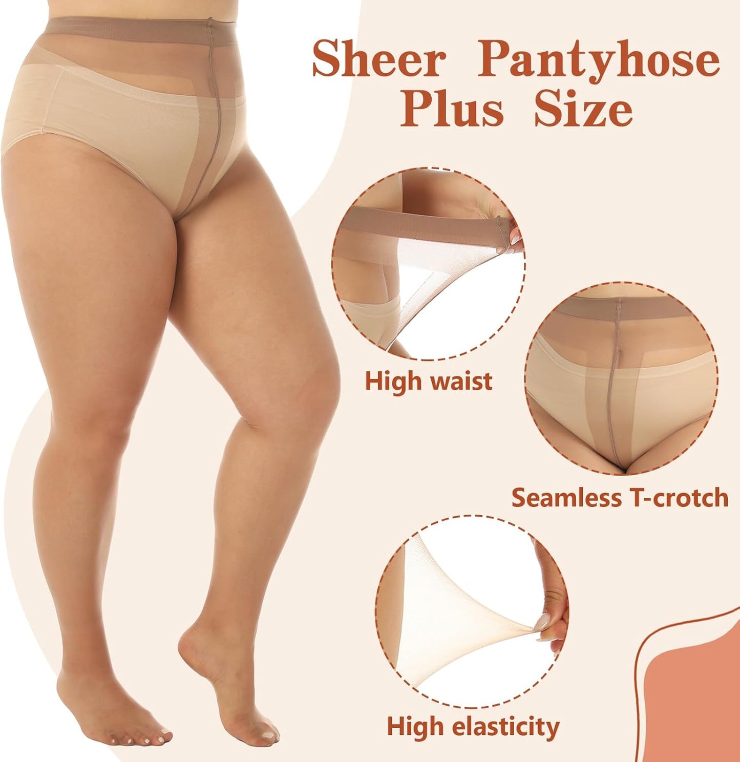 4 Pairs Brown Nude Plus Size Sheer Pantyhose for Women XL-XXL