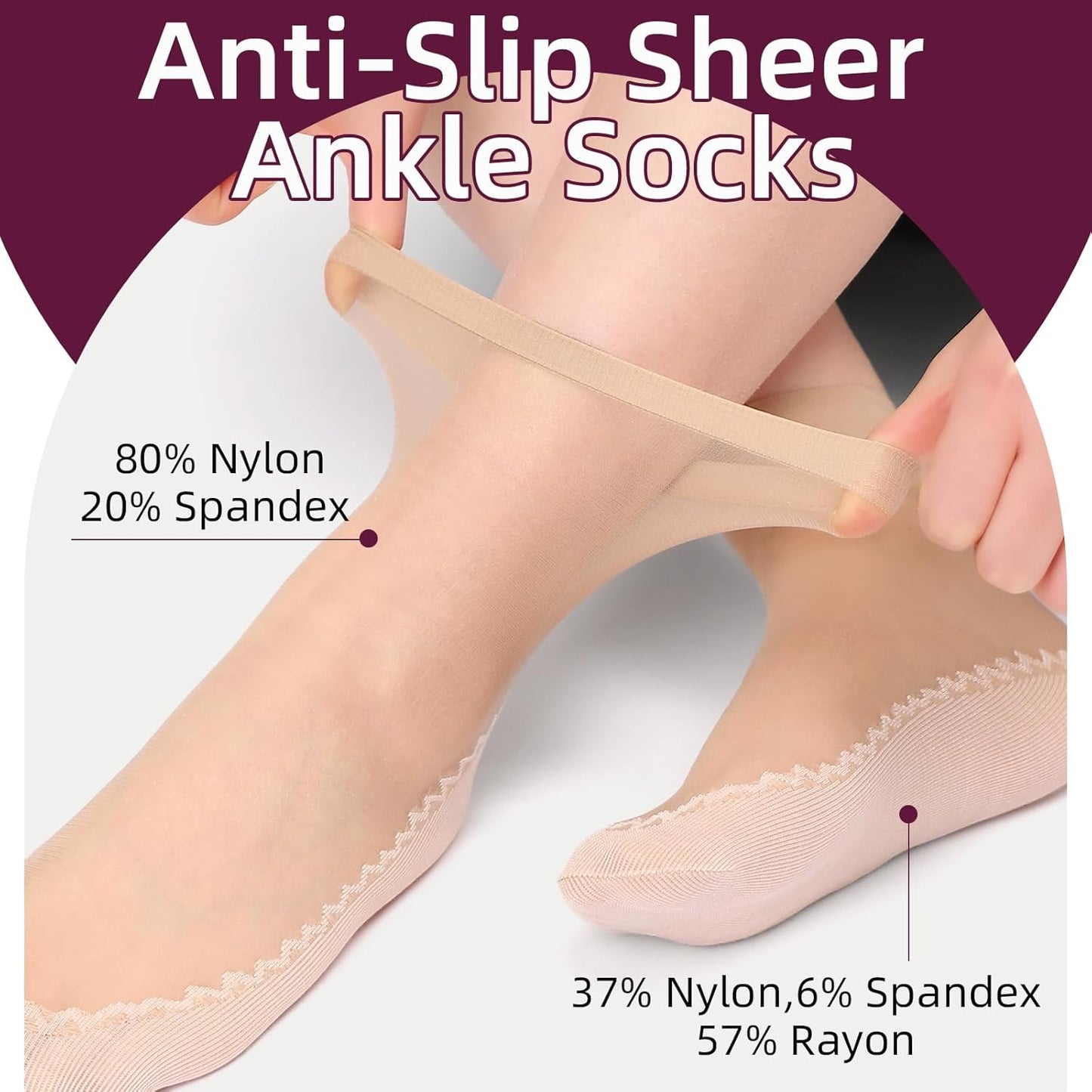 12 Pairs Womens Ankle High Sheer Socks Reinforced Bottom and Toe Nylon Socks
