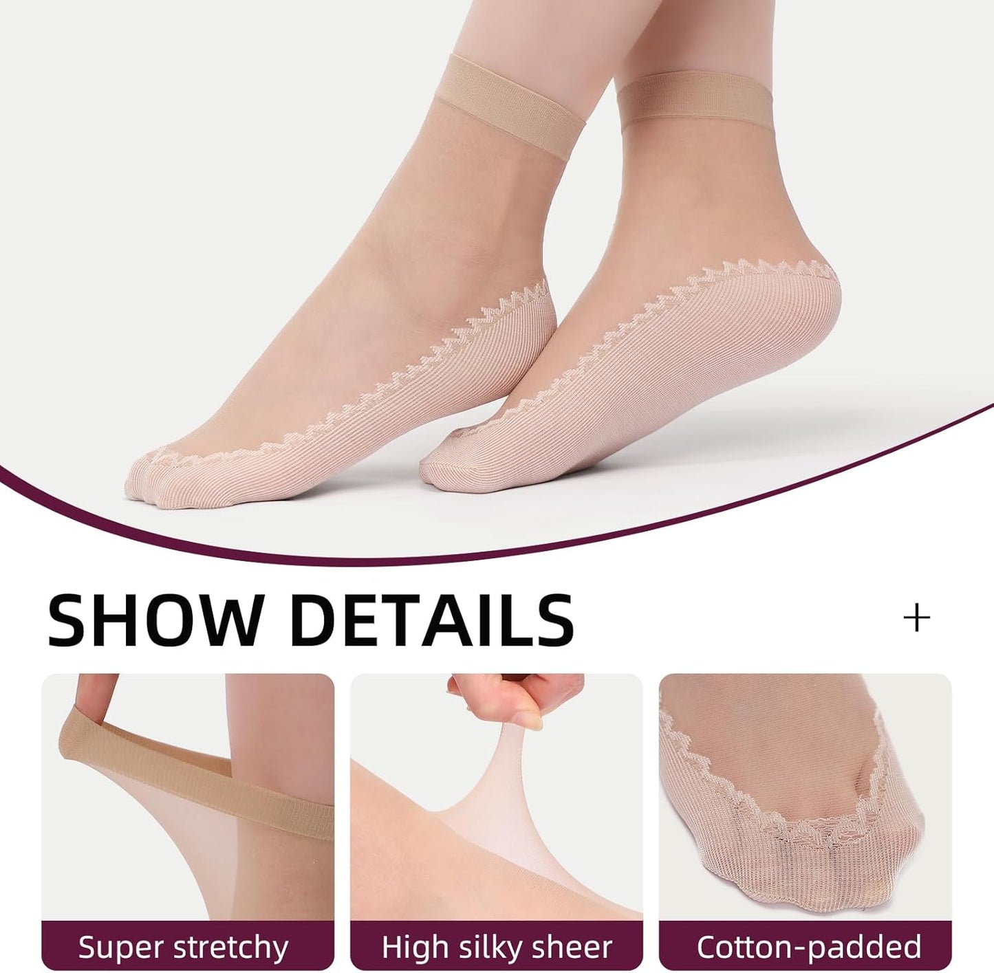 12 Pairs Womens Ankle High Sheer Socks Reinforced Bottom and Toe Nylon Socks