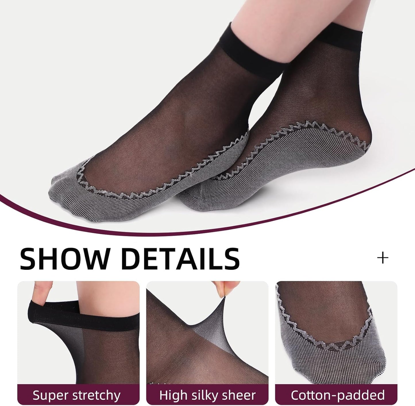 12 Pairs Womens Ankle High Sheer Socks Reinforced Bottom and Toe Nylon Socks