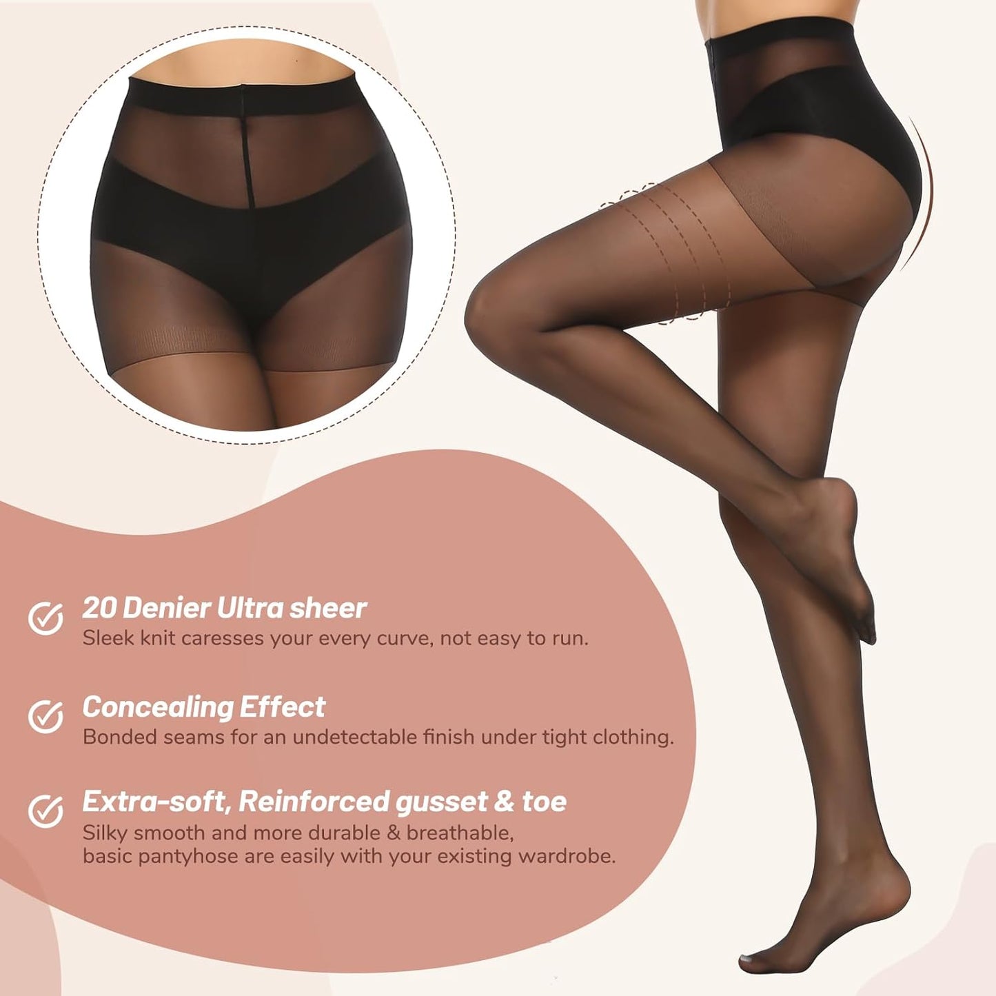 WiliW 6 Pairs Women's 20D Sheer Silky Pantyhose