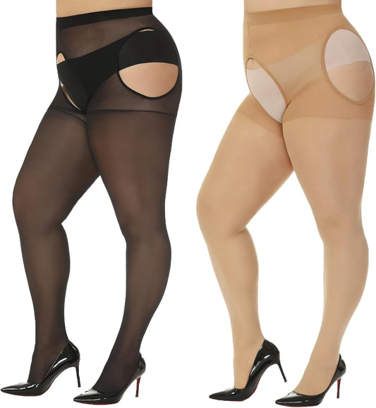 2Pairs Suspender Pantyhose for Women Plus Size(Natural+Black 3XL)